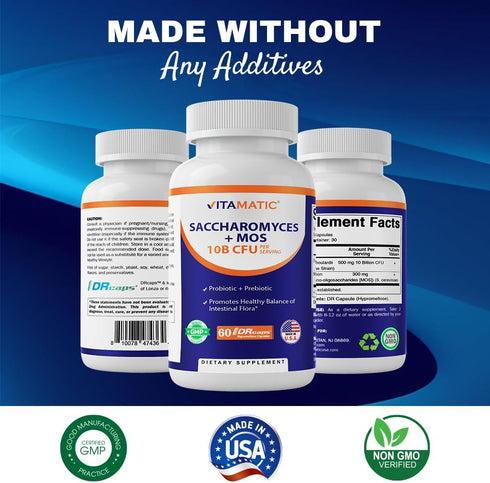 Vitamatic Saccharomyces Boulardii Probiotic 10B per Serving + Yeast Extract (MOS Yeast Fraction) 300 mg - 60 DR Capsules - Made in The USA...