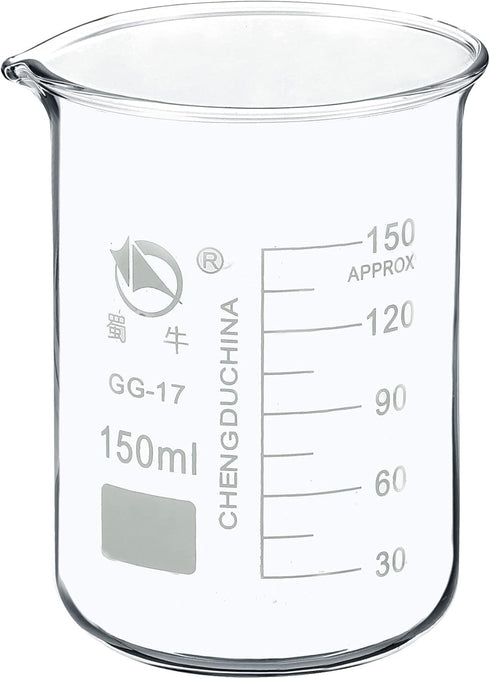 PATIKIL 150ml Low Form Glass Beaker, 3.3 Borosilicate Glass Graduated Printed Scale Measuring Cups with Spout for Kitchen Lab Liquids Transit Boil...