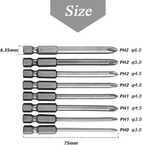 Mesee 8Pcs Long Cross Head Screwdriver Bits with 1/4 Inch Hex Shank, Magnetic Phillips Screwdriver Bit Set Screw Drill Bit Accessory Tool, 75mm Le...