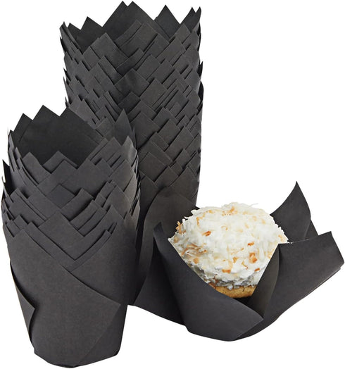 Juvale 100-Piece Bulk Black Tulip Cupcake Liners - 2 x 3.5 Inches Medium Baking Wrappers - Black Cupcake Liners for Halloween Parties, Wedding Rec...