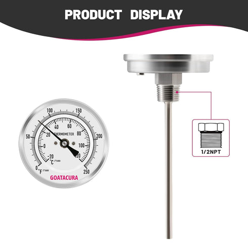Bimetal Thermometer, Full Stainless Steel, 3" Dial Size, 6" Stem, 1/2" NPT Back Mount, 0-250 Deg F/-20-120 Deg C, 1% Accuracy...
