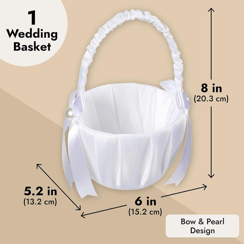 White Flower Girl Basket with Satin Bowknot & Pearl Design 8 x 5.2 x 6 Inch, Flower Petal Basket Ideal for Wedding Party, Elegant Ceremony Accesso...