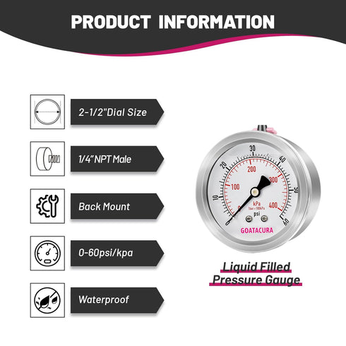 0-60psi/kpa Glycerin Filled Pressure Gauge, 2-1/2" Dial Size, Stainless Steel Case, with Vent Valve, 1/4" NPT Center Back Mount, 2-1-2% Accuracy, ...