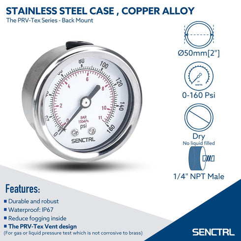 0-160 Psi Pressure Gauge, 2" Dial, 1/4 NPT Back Mount, Waterproof, Stainless Steel Case, for Pneumatic Regulator Air Compressor RV Regulator Water...