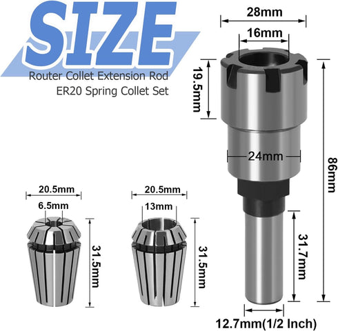Mesee 1/2'' Shank ER20 Router Collet Extension Chuck Adapter with 1/4'' & 1/2'' ER20 Spring Collet Set Milling Cutter Bit Chuck Extender Rod Woodw...