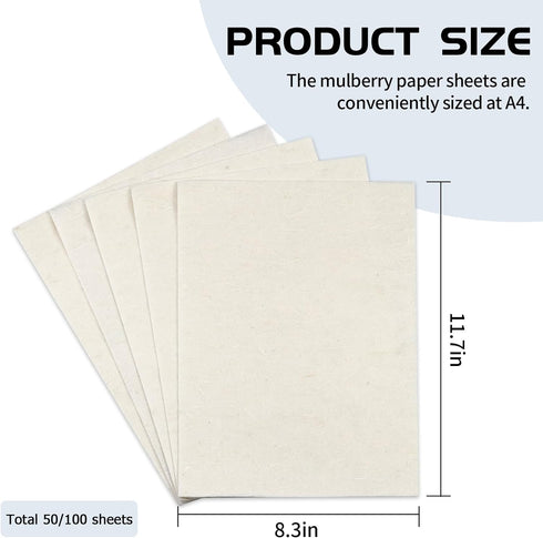 FIVEIZERO 100 Sheets A4 Mulberry Paper Sheets Natural Fiber Rice Paper,8.3 x 11.7in Natural Decoupage Tissue Paper for Writing Painting, Decorativ...