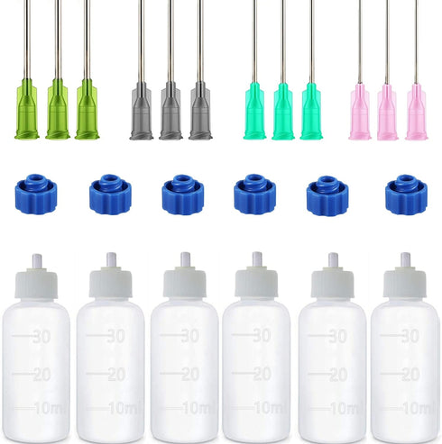 6 Pcs Glue Applicator Bottles, 30ml Plastic Squeezable Dropper Bottles with Blunt Needle Tip 14ga 16ga 18ga 20ga for Glue Applications, Paint Quil...