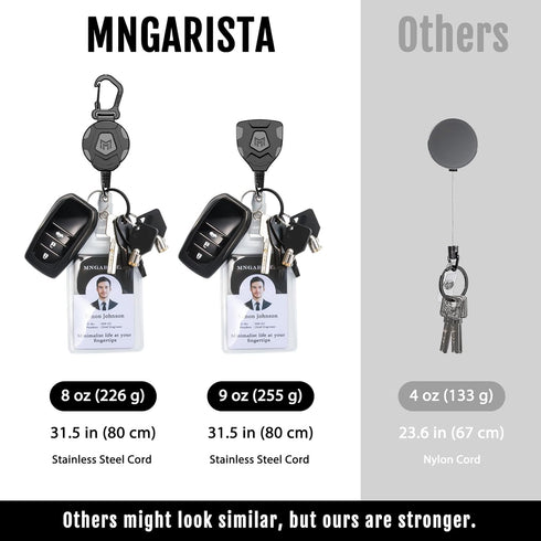 MNGARISTA Heavy Duty Retractable Keychain, Belt Clip Ver. & Carabiner Ver., 8 oz Retraction, 31.5" Steel Rope, Tactical ID Badge Reel with Key Cha...