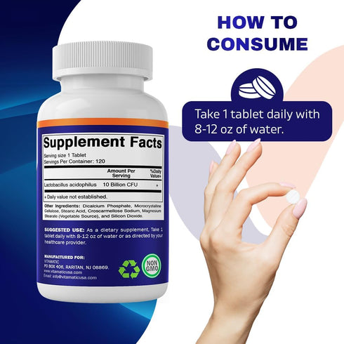 Vitamatic Acidophilus Probiotic - 10 Billion CFU - 5X Potency - Daily Probiotic Supplement, Supports Digestive Health - 120 Tablets...