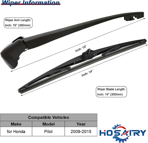 Rear Wiper Arm Blade Set for Honda Pilot 2009-2015 Rear Windshield Wiper Arm Blade Assembly 76720-SZA-A02 76730-SZA-A02...
