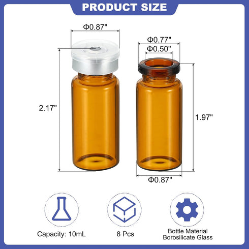 PATIKIL 10ml Sample Vials, 8 Pack Lab Empty Vials with Butyl Rubber Stopper and Crimp Top Caps Borosilicate Glass Vial, Amber...