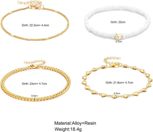 Adzoni Gold Ankle Bracelets for Women 4Pcs 14K Gold Plated Anklets Layered Beaded Chains Waterproof Anklets Set Summer Beach Jewelry Gift for Wome...