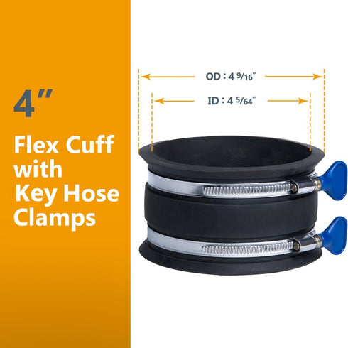 POWERTEC 4 Inch to 2-1/2 Inch Reducer and 4 Inch Dust Control Flex Cuff with Stainless Steel Key Hose Clamps, Dust Collection Fitting for Woodwork...