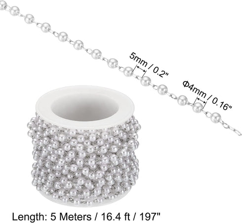 PATIKIL 5m/16 Feet Faux Pearl Beading Chain with Spool, 4mm Brass Chain Link for Jewelry Making DIY Necklace Bracelet Accessories Style 1, Silver...