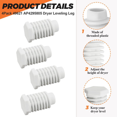 49621 AP4295805 Dryer Leveling Leg Foot Feet by Beaquicy - Replacement For Whirlpool Ken-more Dryer - Pack of 4
