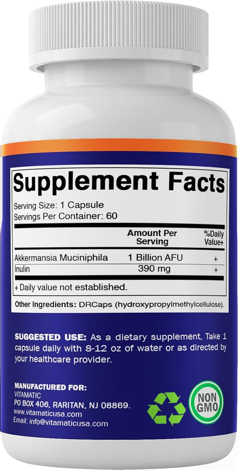 Vitamatic Akkermansia Muciniphila Gut Health - 60 DR Capsules (Delayed Released) - Made with Prebiotic Inulin Fiber...