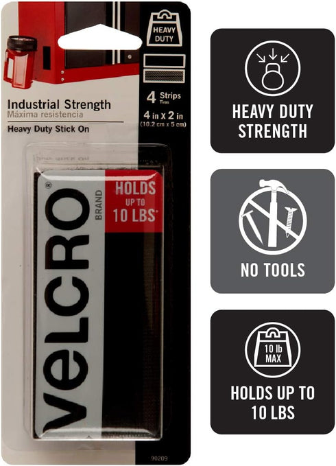 VELCRO Brand Heavy Duty Fasteners | 4x2 Inch Strips 4 Sets | Holds 10 lbs | Stick-On Adhesive Backed | Black Industrial Strength | For Indoor or O...