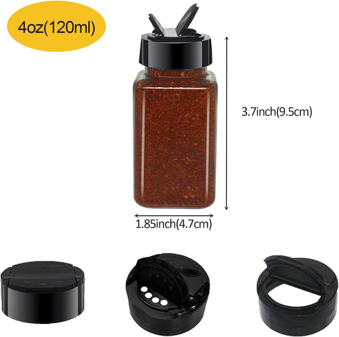 12 Pack 4oz Clear Plastic Spice Jars With Black Plastic Lids, Square Spice Bottles, Seasoning Containers with Chalk Labels, Pen, Funnel, Spice Con...