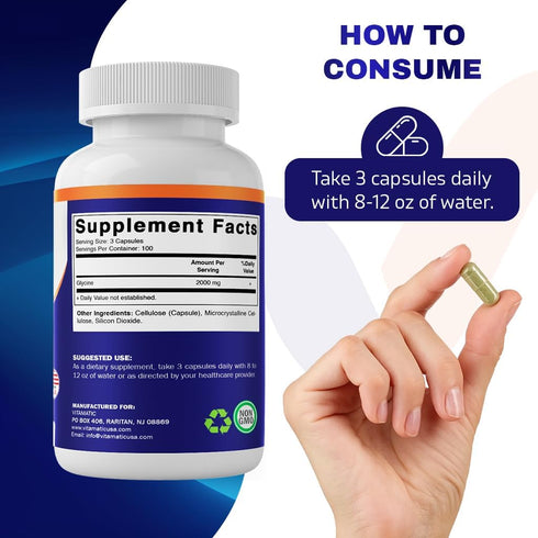 Vitamatic Glycine Supplement, 2000mg Per Serving, 300 Count, Non-GMO, Gluten Free...