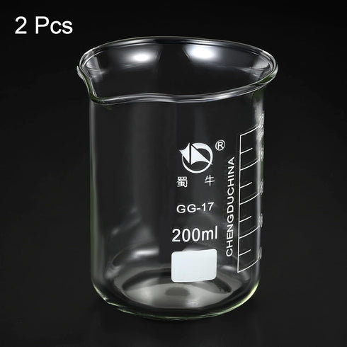 PATIKIL 200ml Low Form Glass Beaker, 2 Pack 3.3 Borosilicate Glass Graduated Printed Scale Measuring Cups with Spout for Kitchen Lab Liquids Trans...