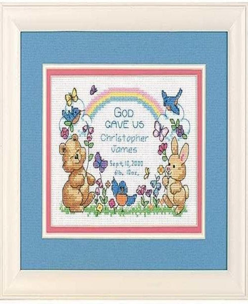 Dimensions 06802 "God Gave Us Counted Cross Stitch Birth Record Kit, 14 Count White Aida, 7" W x 5" H...