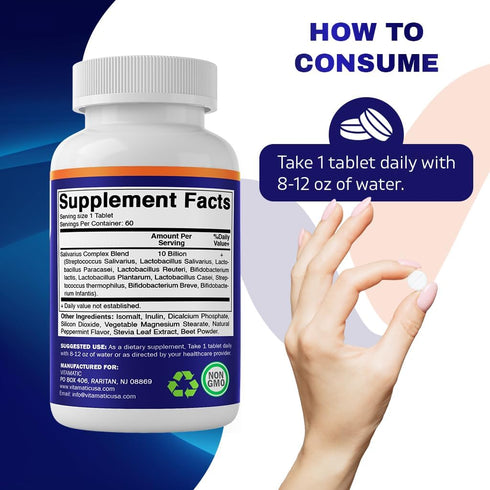 Vitamatic Salivarius Complex 10 Billion Chewable Mint Flavored Tablet - 60 Count - Oral Health Chewable Probiotics + Prebiotics - Supports Healthy...