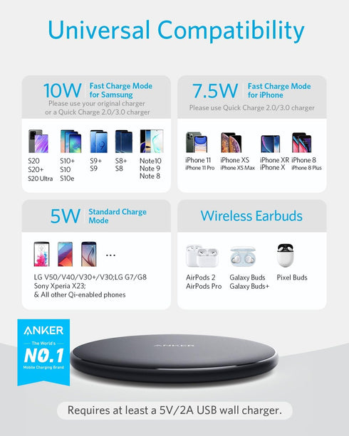 313 Anker Wireless Charger (Pad), Qi-Certified 10W Max for iPhone 14/14 Pro/14 Pro Max/13/13 Pro Max, AirPods (No AC Adapter, Not Compatible with ...
