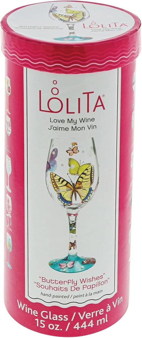 Designs by Lolita “Butterflies” Hand-painted Artisan Wine Glass, 15 oz....