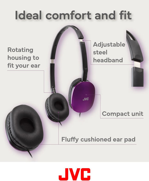 JVC Violet Flat Foldable Colorful FLATS On Ear Headphones with Remote and Microphone, 3.94 foot Gold Plated 3.5mm Slim Plug - HAS160MV...