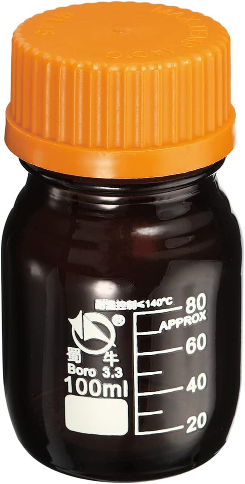 PATIKIL 100mL Reagent Media Bottle, 1Pcs Round 3.3 Borosilicate Glass Graduated Storage Bottle with Yellow Screw Cap for Chemistry Lab Universitie...