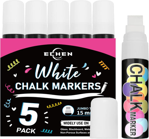5 Pack Washable Window Markers for Cars, 15mm White Jumbo Liquid Chalk Markers, 3 in 1 Nib, Metallic & Neon Paint Glass Pen for Auto, Chalkboard, ...
