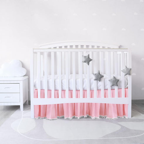 Pink Crib Skirt Pleated with White Lovely Pompoms, Bedding Dust Ruffle for Girls, 14" Drop, Fit All Standard Crib Bed, Fade Resistant Crib Bed Ski...