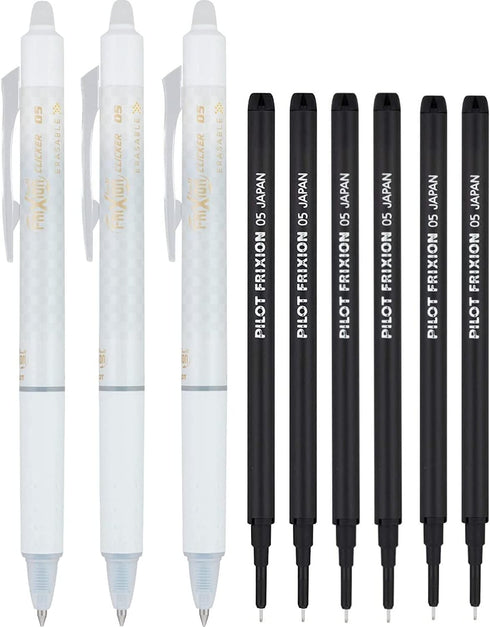Pilot Frixion Erasable Pens 0.5 Ball Clicker Gel Ink Retractable Pen - Extra Fine Point - White Barrel - Black Ink - Pack Of 3 Pens And 2 Refills...