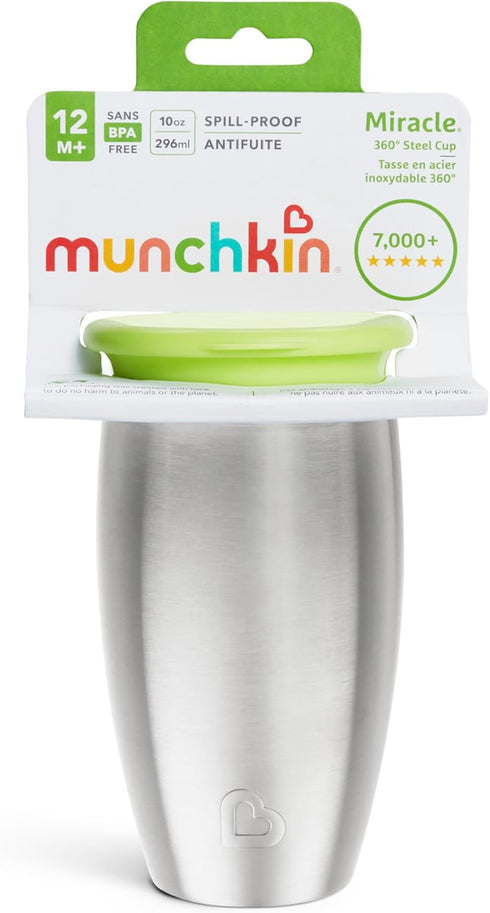 Munchkin Stainless Steel Sippy Cups for Toddlers 1-3, Spill Proof Miracle 360 Cup, Insulated, 10 Ounce, Green...