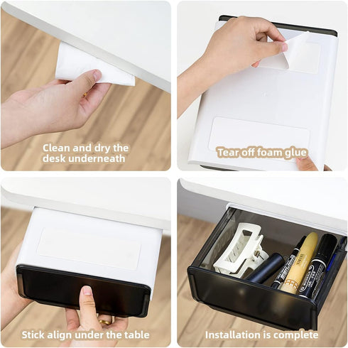 yuntop 1 Pcs Under Desk Drawer, Under Table Hidden Organizer, Plastic Self-adhesive Slide out Under Desk Storage Drawer for Office Dresser Home Sc...