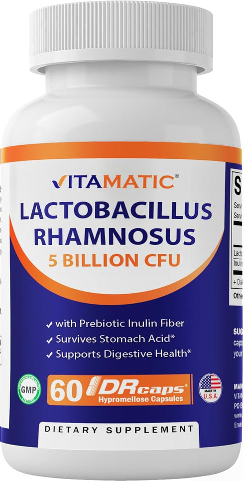 Vitamatic Lactobacillus Rhamnosus 5 Billion per DR Capsule (10 Billion Per 2 Capsules) - 60 Count - Advanced Digestive & Immune Support - Made wit...
