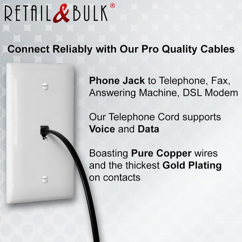 (2 Pack) 6 Inch Telephone Cord, Professional Grade Made in USA, 6P4C Male RJ11 Plugs with 50 Micron Gold Contacts, Pure Copper Wire Phone Line Cab...