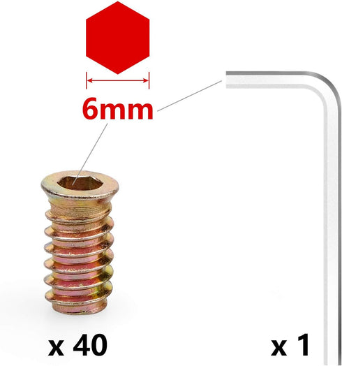 40Pcs Anwenk 1/4"-20 x 20mm Furniture Screw in Nut Threaded Wood Inserts Bolt Fastener Connector Hex Socket Drive for Wood Furniture Assortment (w...
