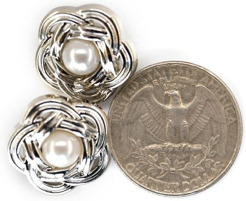 20 pcs Faux Pearl Core Silver Electroplated Openwork Metal Weaving Flower Sewing Shank Buttons - 20mm - 13/16"...