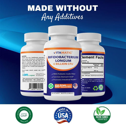 Vitamatic Bifidobacterium Longum 6 Billion CFU per DR Capsule - 60 Count - Promotes Intestinal Health - Made with Prebiotic Inulin Fiber...