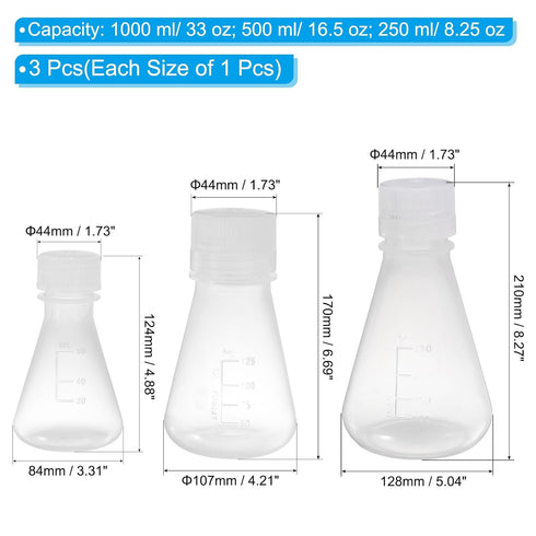 PATIKIL Erlenmeyer Flask, 3 Pcs 50ml 125ml 250ml Narrow Mouth Graduated Flasks with Screw Cap Plastic Flasks with Printed Graduation for Lab Exper...