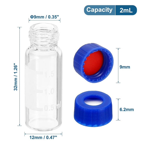 PATIKIL 2ml Autosampler Vial, 100 Pack HPLC/GC Vials 9-425 Lab Clear Vials Sample Vial Screw Cap Writing Patch Red PTFE & White Silicone Septa for...