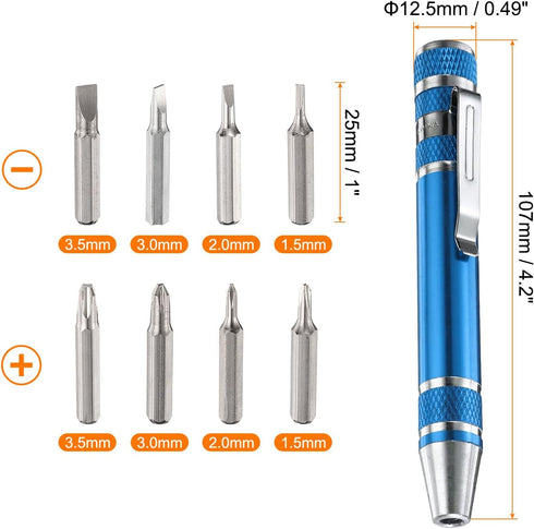 8 in 1 Mini Pocket Pen Screwdriver Set CR-V Multi-Function Small Magnetic Screw Driver with Phillips and Flat Head Bits for Computer Eyeglasses, B...