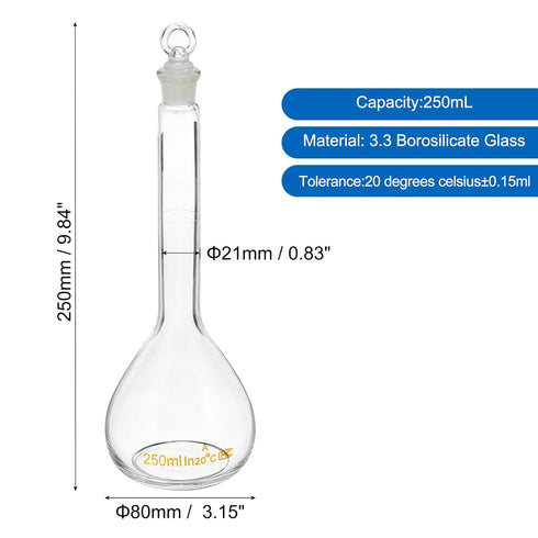 PATIKIL 250ml Volumetric Flask, 3.3 Borosilicate Glass Graduated Volumetric Measuring Flask with Glass Stopper Tolerance 0.10ml for Lab Experiment...