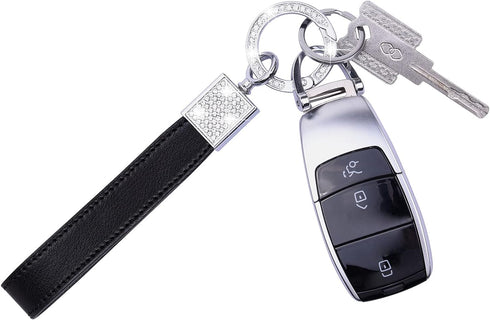 Wisdompro Genuine Leather Car Keychain, Bling Key FOB Holder Keychains for Women Girls with Crystal Rhinestones and 2 Keyrings - Black...