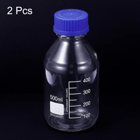 PATIKIL 500mL Reagent Media Bottle, 2Pcs Round Graduated Glass Storage Bottle Blue Screw Cap for Chemistry Lab Universities Home, Clear...