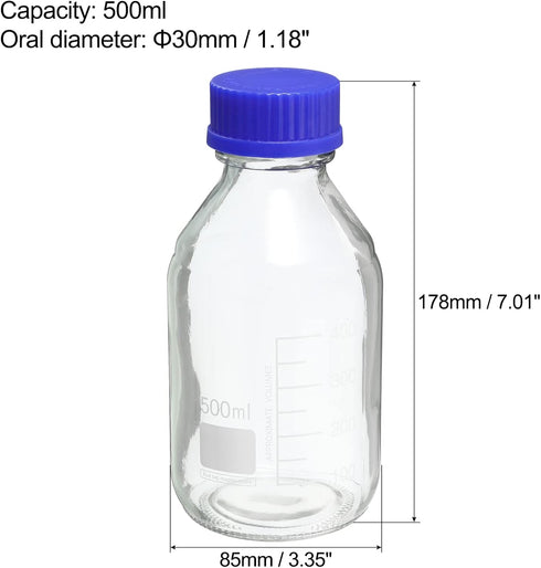 PATIKIL 500mL Reagent Media Bottle, 2Pcs Round Graduated Glass Storage Bottle Blue Screw Cap for Chemistry Lab Universities Home, Clear...