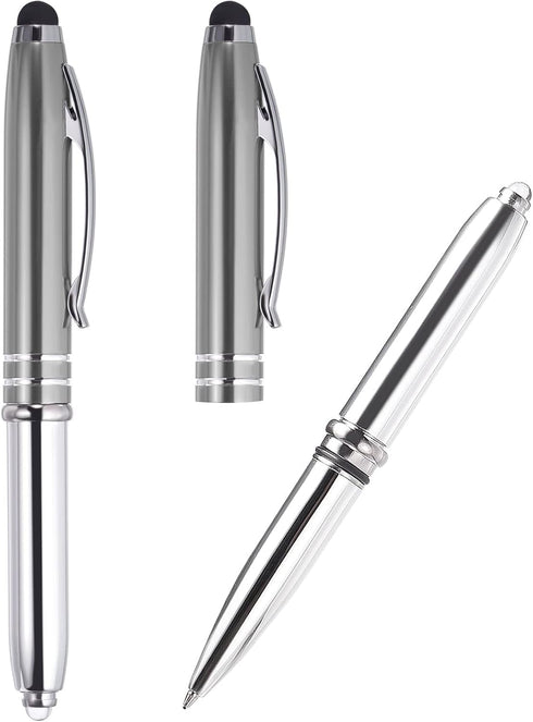 PATIKIL Ballpoint Pen with Stylus Tip and LED Flashlight, 2 Pack 3 in 1 Metal Pen Black Ink 1.0mm Medium Point Stylus Pen for Touch Screens, Gray...