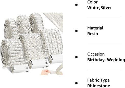 WILLBOND 6 Rolls 5.28 Yards Pearl Diamond Ribbon Rhinestones for Crafts White Self Adhesive Faux Crystal Stickers for Wedding Birthday Party Art C...