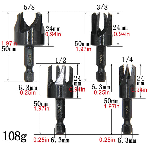 8Pcs Wood Plug Cutter, Carbon Steel Straight and Taper Claw Drill Bit Set Woodworking Hole Saw Cutting Tool 1/4" 3/8" 1/2" 5/8" (Metric 6mm 10mm 1...